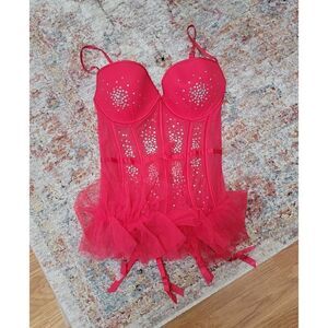 Victoria's Secret Rhinestone Red Bustier  Burlesque 34D